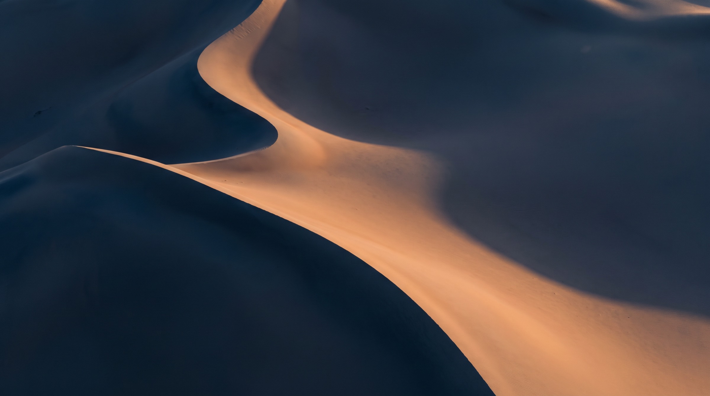 Desert dunes at dusk, a curved ridge line dividing shadow and light